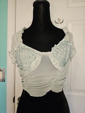 Romwe Sheer Sea Shell Embroidered Sage Green Women's Cropped Top Women's Size S